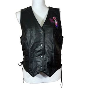 FMC Black Leather Moto Motorcycle Vest with Skull Patch L